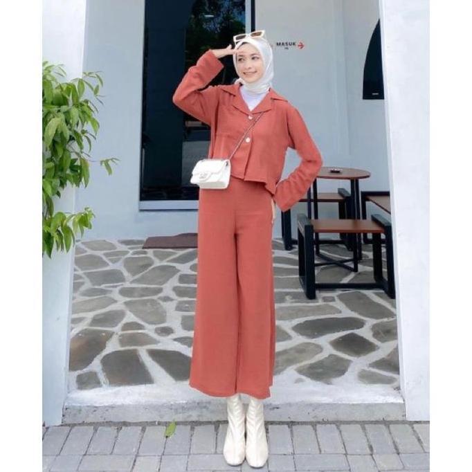 One set/Setelan kemeja crop top lengan panjang Cringkle celana haighwaist Airflow Setelan Crinkle Ny