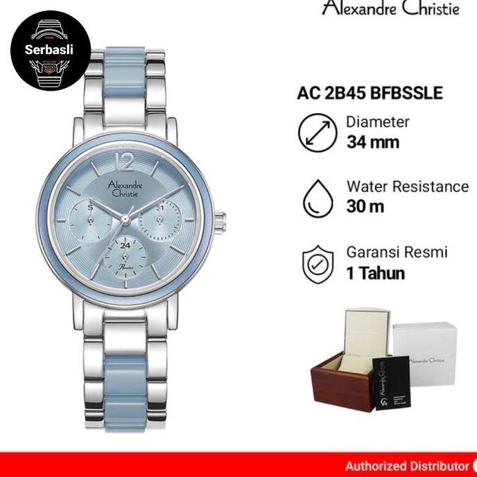 New Jam Tangan Wanita Alexandre Christie Multifunction AC 2B45 BFBSSLE Blue Dial Silver Dual Tone St