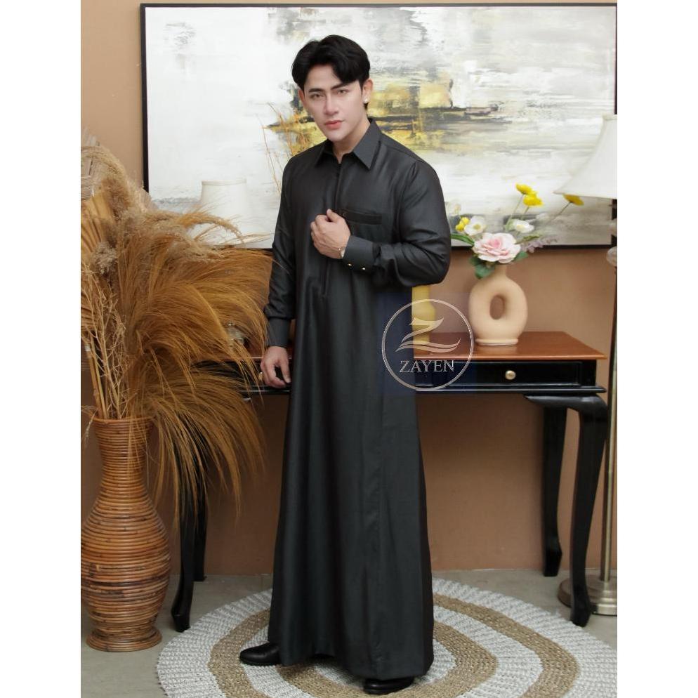 hot product jubah slimfit pria gamis pria slimfit jubah wool zayen hitam kerah daun kerah kemeja jub