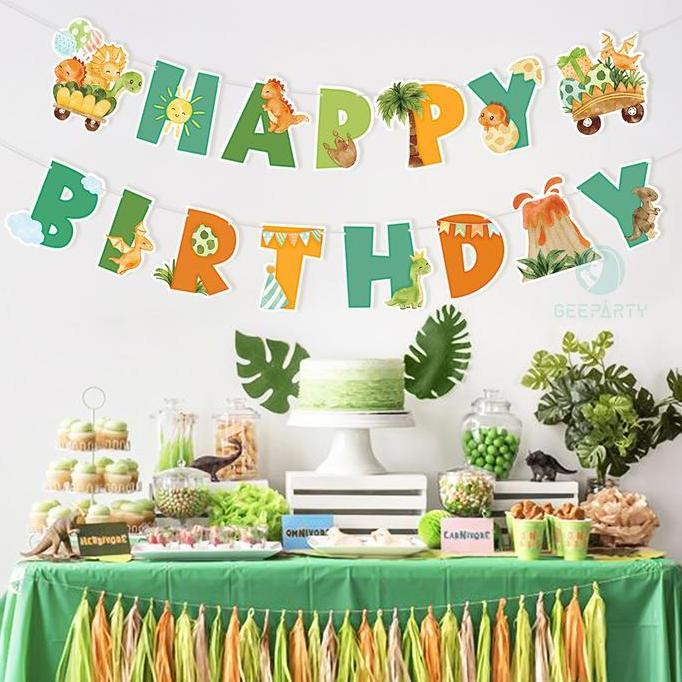 Ready 1 Set Spanduk Ulang Tahun Dinosaurus Lucu Bendera Kertas T Rex Untuk Dekorasi Spanduk Pesta Ul