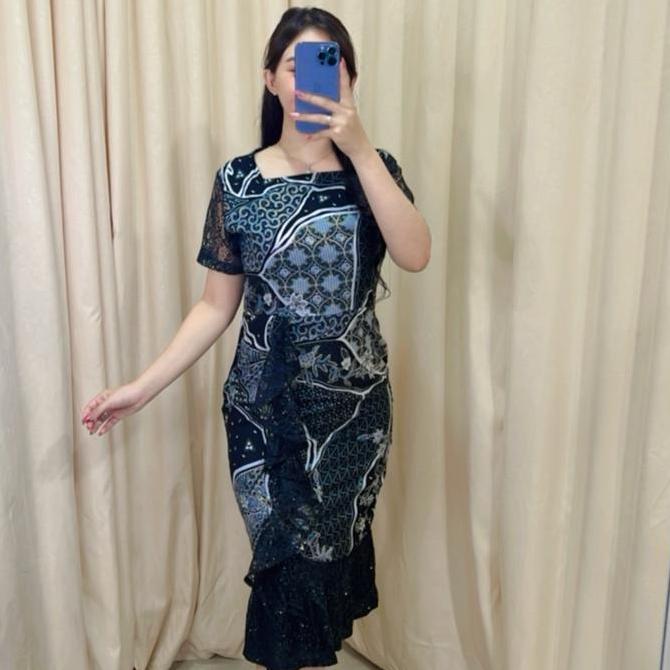 Dress Batik Vior Model Spesial dengan Kombinasi Premium Batik dan Brukat Hitam Maxi Kondangan Mewah 