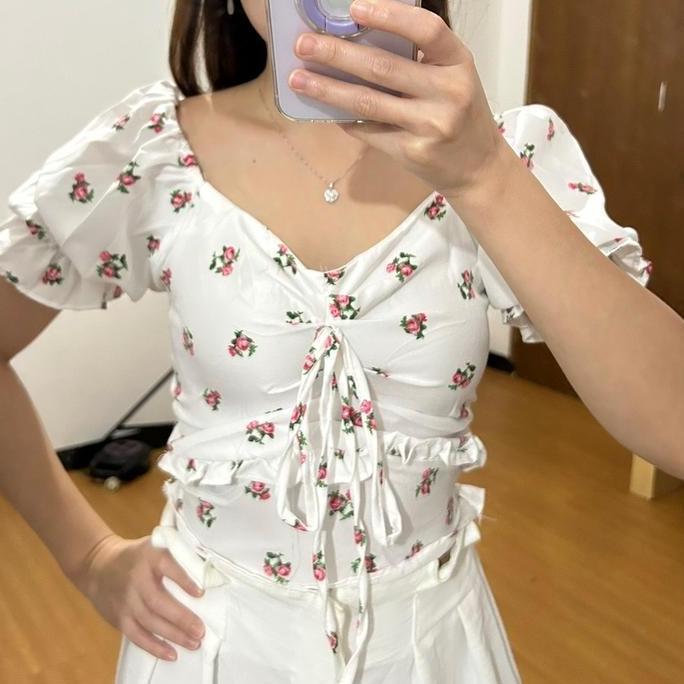 TERKINI KOREAN STYLE ROSE SABRINA TOP WOLLPEACH BAJU CASUAL ALL SIZE FIT TO L ATASAN MOTIF BUNGA MOD