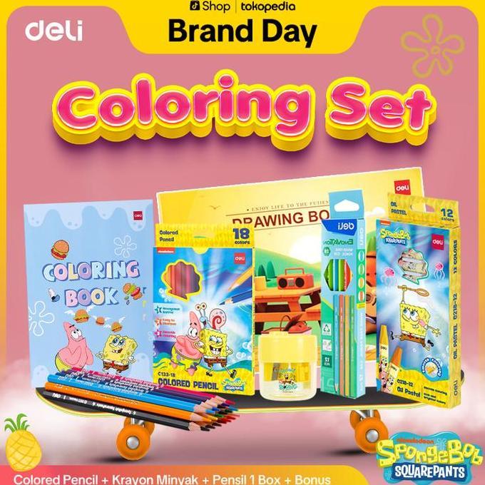 [Deli x Spongebob] Paket Mewarnai, Pensil Warna Spongebob + Krayon Minyak Spongebob + Buku mewarnai 