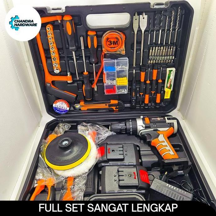 bor cordless toolkit full set bor batre shining lengkap bor poles 2 batre koper