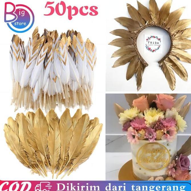 REDDAR Isi 50pcs Bulu Angsa Besar Gold Bulu Angsa Panjang Bulu Angsa Asli Bulu Ayam Panjang Bulu Bul
