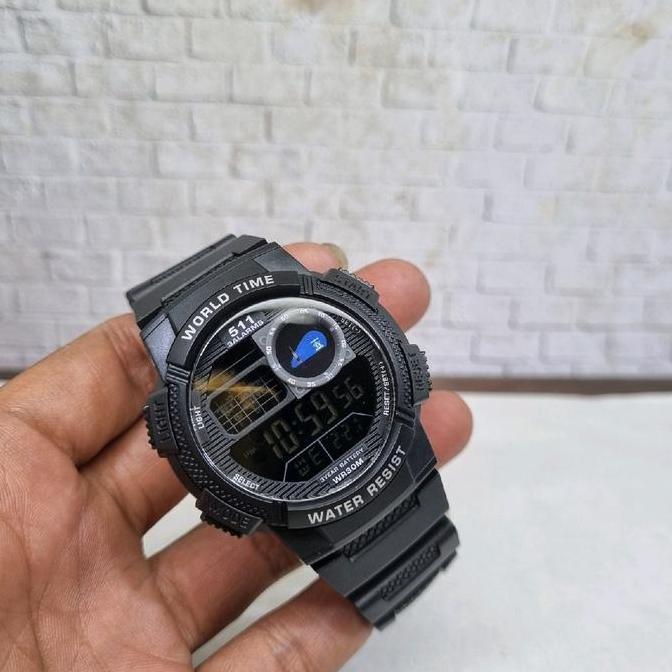Jam tangan digital logo polisi strap rubber hitam anti air Kaca Karet Pria murah