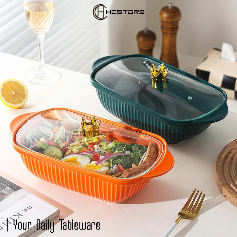 Promo Prasmanan Single Keramik Piring Saji Keramik Tutup Kaca Crown Microwave Safe