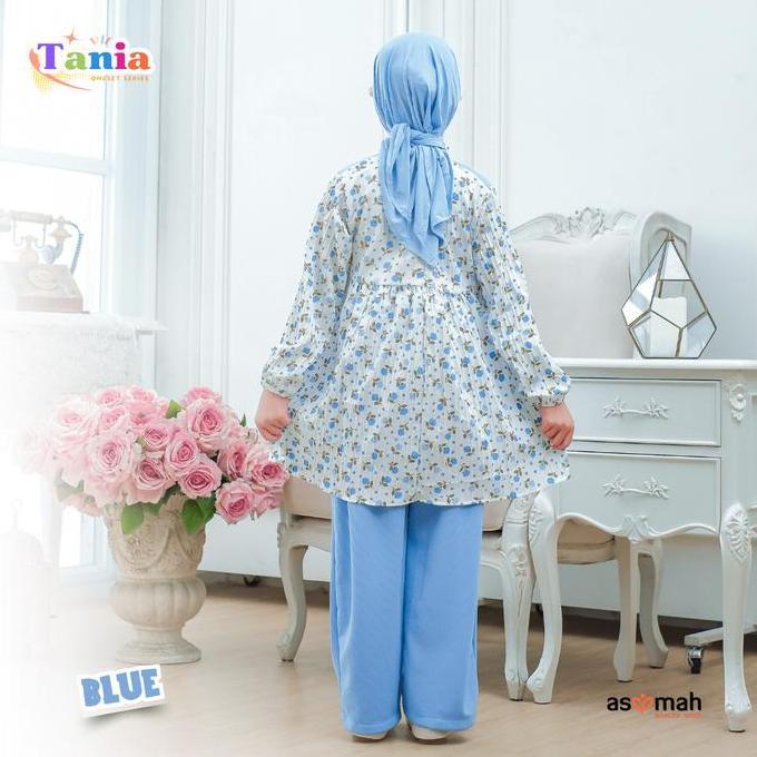 Tania One Set Blue Setelan Anak Perempuan Model Rompi Knit Crinkle Motif Bunga by Asymah