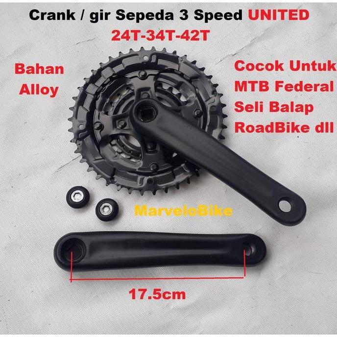Crank Gir Depan Sepeda 3 Speed 24-34-42T Alloy Merk UNITED