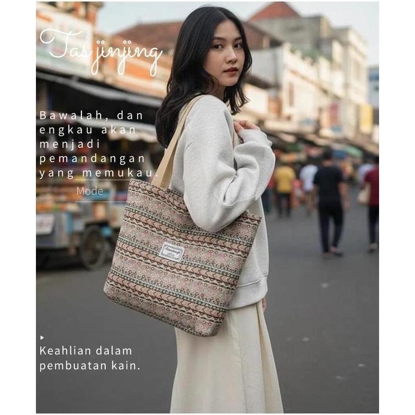 Tas Tote Wanita Viral TikTok | Kanvas Motif Etnik Kapasitas Besar HS