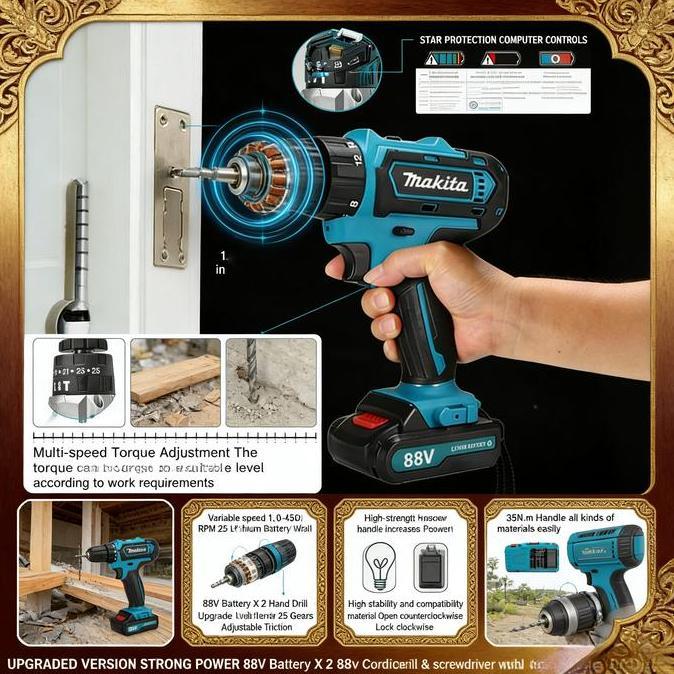 Sale Makita 88Vf Mesin Bor 2Baterai Cas 10Mm Bor Listrik Murah Bor Tangan Baterai Besi Tembok Beton 