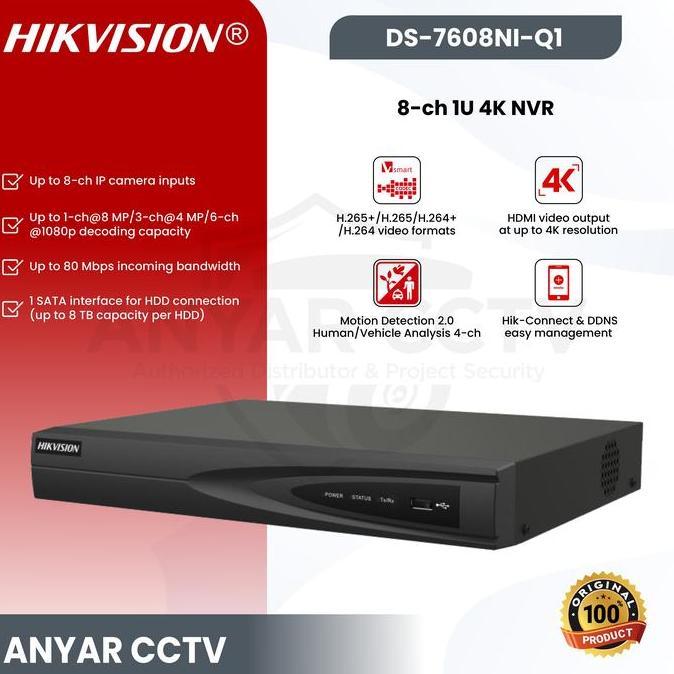 BEBAS ONGKIR - HIKVISION DS-7608NI-Q1 NVR 8CH 4K Embedded dengan Resolusi 8 Megapiksel dan Dukungan 