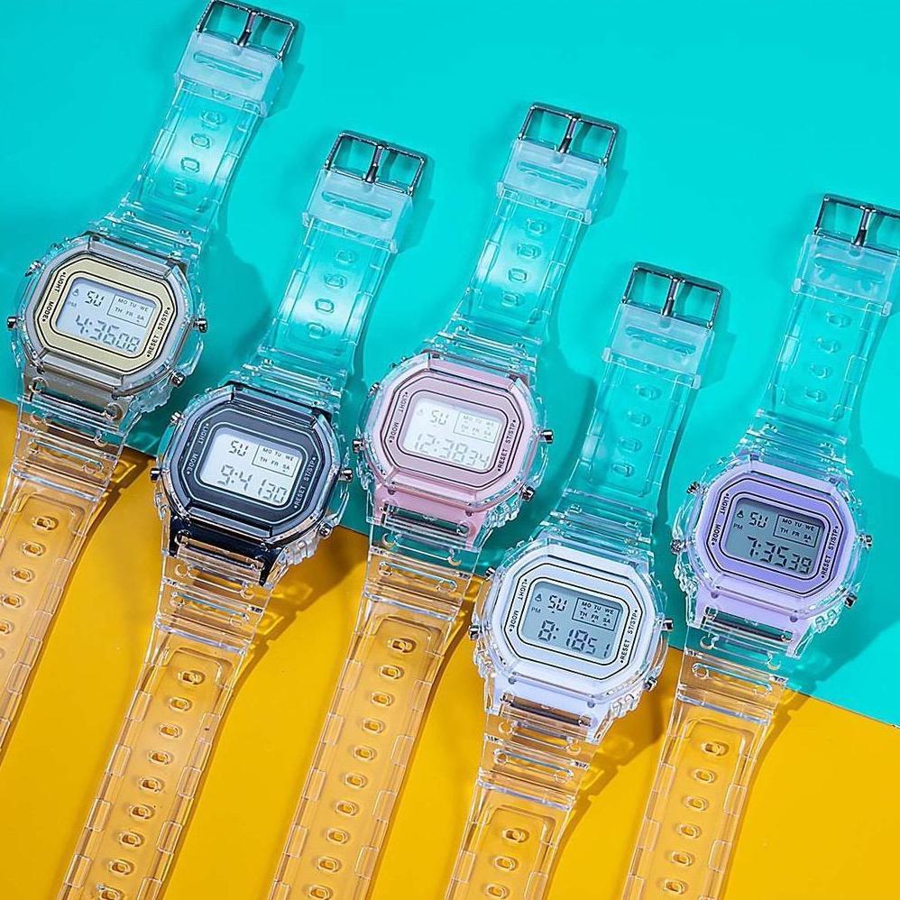official wbs jam tangan rubber digital segi transparan murah karet sport led pria wanita couple jf05
