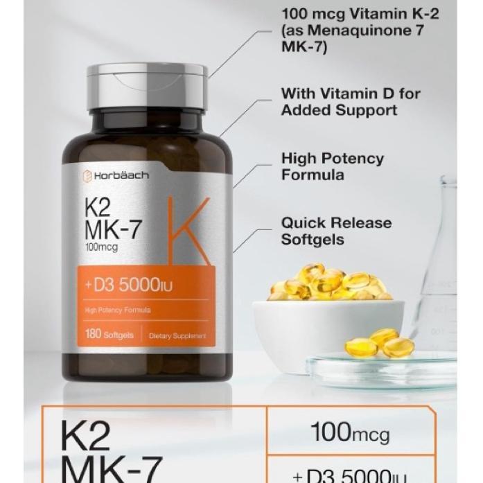 Horbaach Vitamin D3 K2 Isi 180 Softgel 5000Iu + 100Mcg Usa