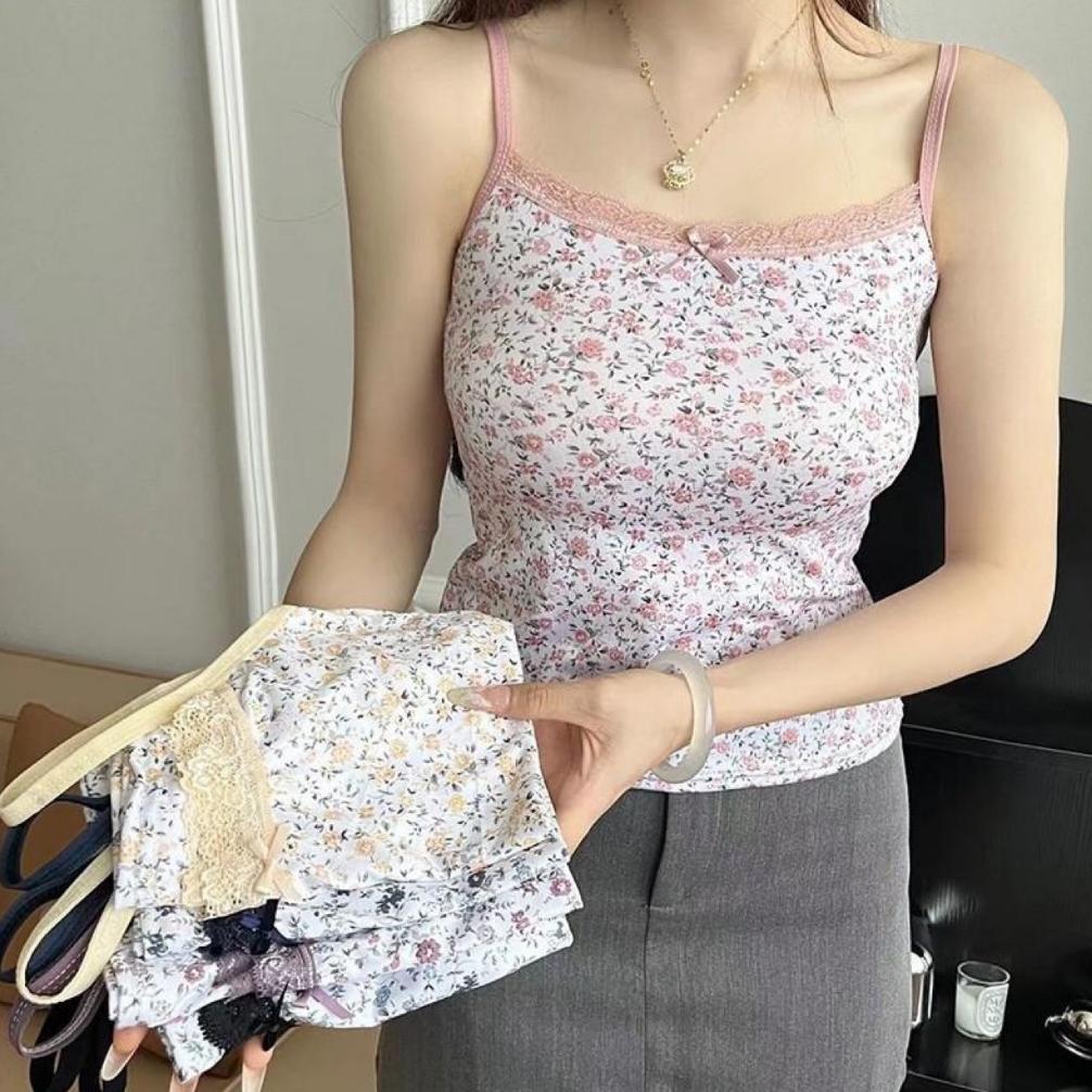 HOT DEALS RSB BR699 Baju Tanktop Fashion Wanita Corak Bunga Elastis Sexy Square Knit Fashion Korea