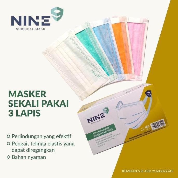 Masker Nine 3Ply Medis Tali Lebar Isi 50Pcs