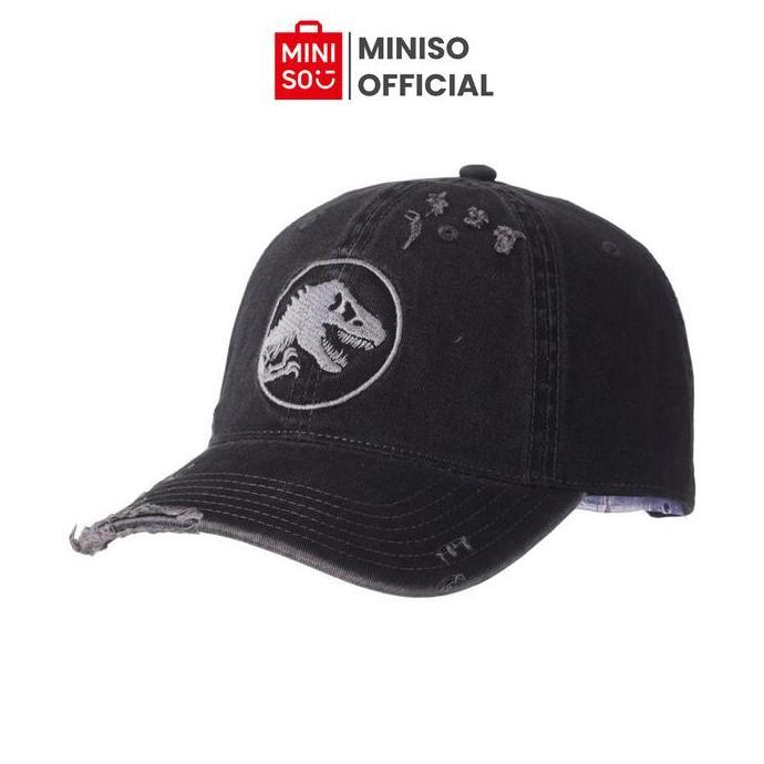 Rotazione- Miniso Jurassic World Ripped Denim Baseball Cap Mesh Denim Topi Pria Wanita Dewasa Motif 