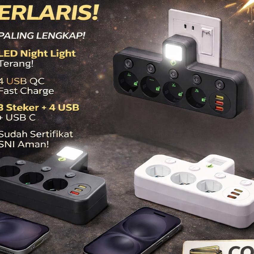 Cod Ready Stock | Stop Kontak Eu Plug 6 In 1 2500W Usb Type-C Dengan Lampu Malam | Power Strip Multi