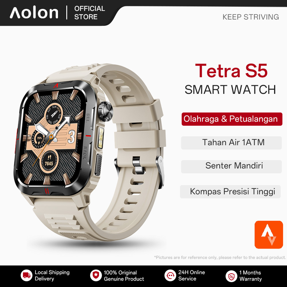 Aolon Tetra S5 SmartWatch Jam 1ATM Tahan Air 10 Meter Zinc Alloy Frame Kompas & Senter Custom Button
