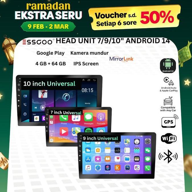 Essgoo Head Unit Android 14 Mobil 4G+64G  7/9/10 Inch 2 Din Kontrol Suhu Cerdas Ips Layer Mobil Navi