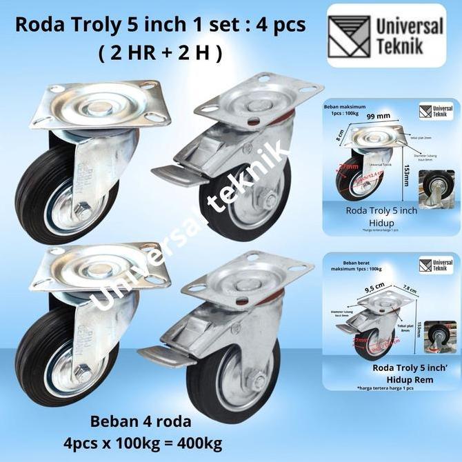 Roda troli Karet 5" inch troly kastor 1 Set 4pcs( 2Hidup Rem 2 Hidup )