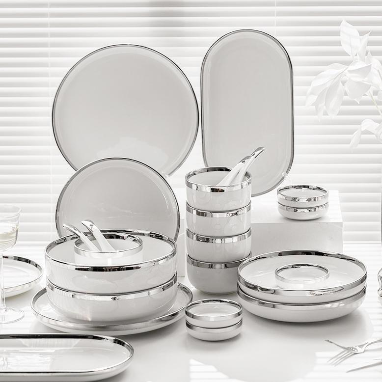 ASHOME Piring Makan Keramik Putih Silver / Piring Putih Keramik List Silver / Mangkuk Keramik Putih 