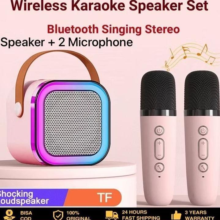 Speaker Mini Bluetooth 2 Mic 1 Set Full Bass Portable Wireless Karaoke Bisa Dihubungkan Ke Ponsel / 