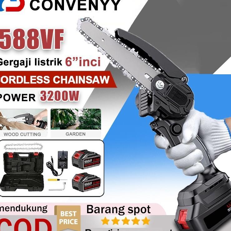 Convenyy Gergaji Rantai 6 Inci Tanpa Kabel 588Vf Gergaji Rantai Mini Elektrik Pemotong Kayu Portabel