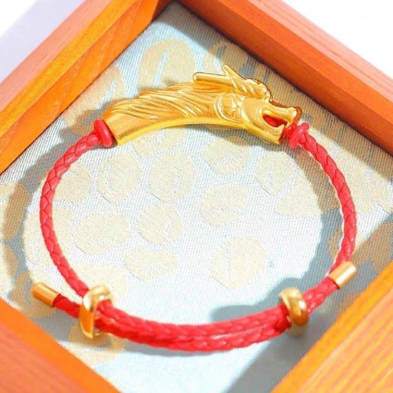 Gelang Kulit Bandul Kepala Naga Gold Feng Shui Dinasty Original