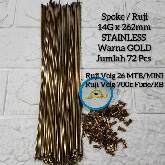 Spoke Ruji Jari 262mm STAINLESS Warna Kuning GOLD 14G x 262 Untuk Velg Rims Sepeda Roadbike Fixie 70