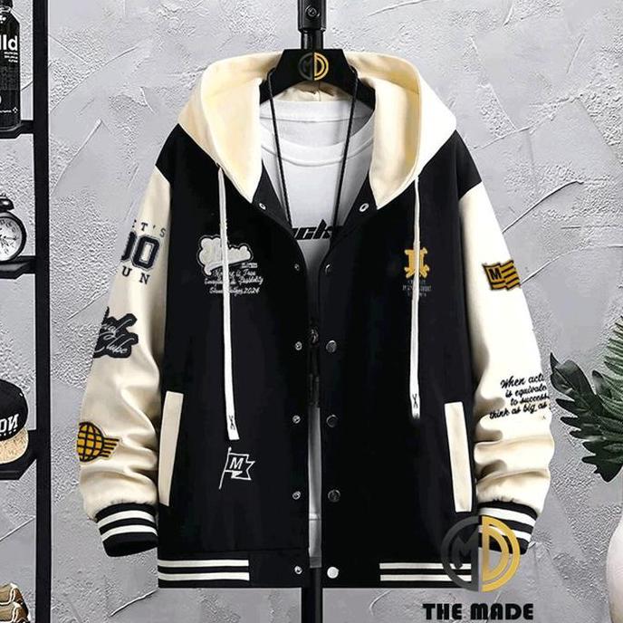 Jaket Varsity Baseball Hoodie Vintage Logo Full Bordir Pria dan Wanita Terbaru Model Kupluk Keren Ba