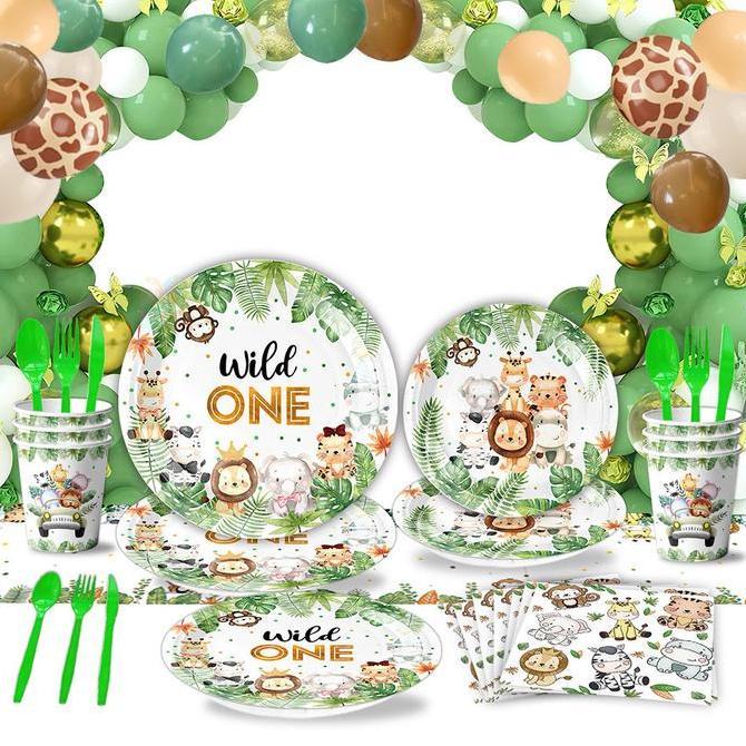 Set Peralatan Makan Pesta Liar Satu Set Pola Hewan Safari Singa Jerapah Safari Untuk Perlengkapan Pe
