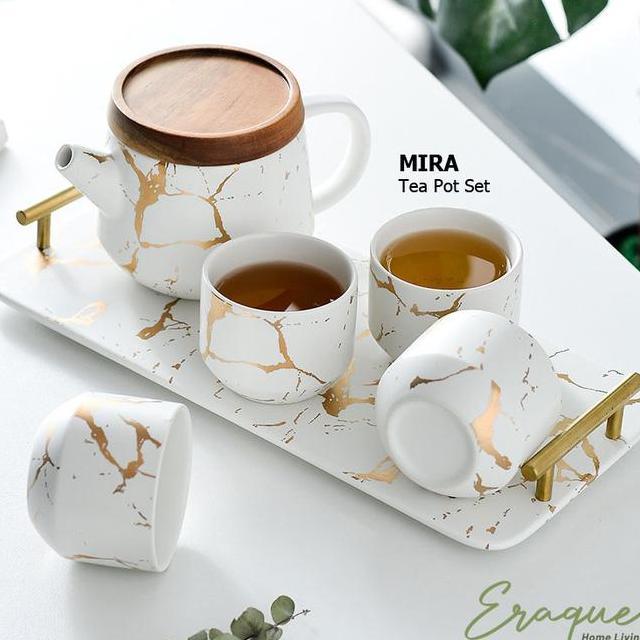 Mira Tea Pot Set Teko Gelas Cangkir Teh Kopi Set Keramik Marble Kado Gift