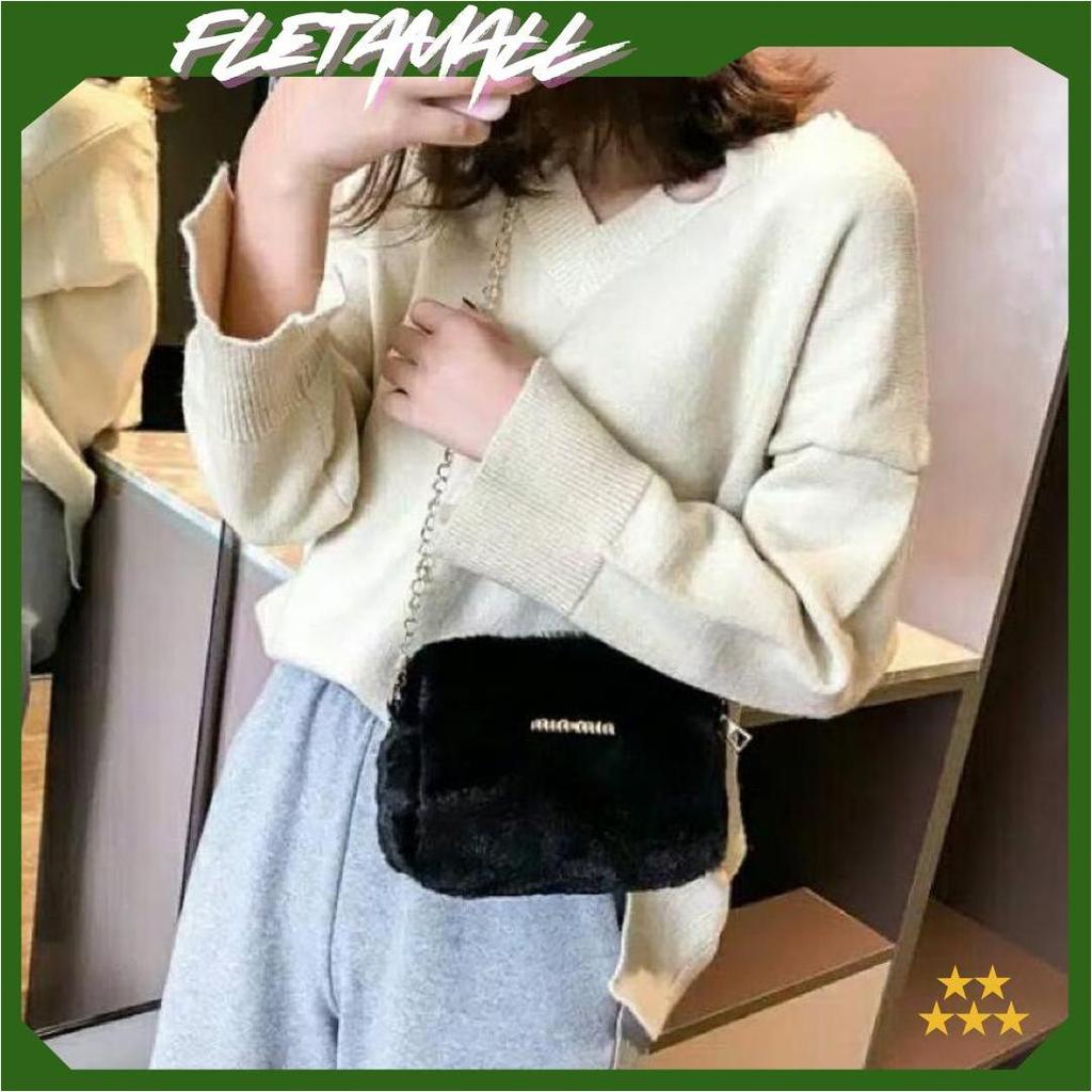 Tas Selempang Bahu Tali Rantai Resleting Michele TasDoctor Bahan Bulu Bludru Plush Fluffy Fur Sling 