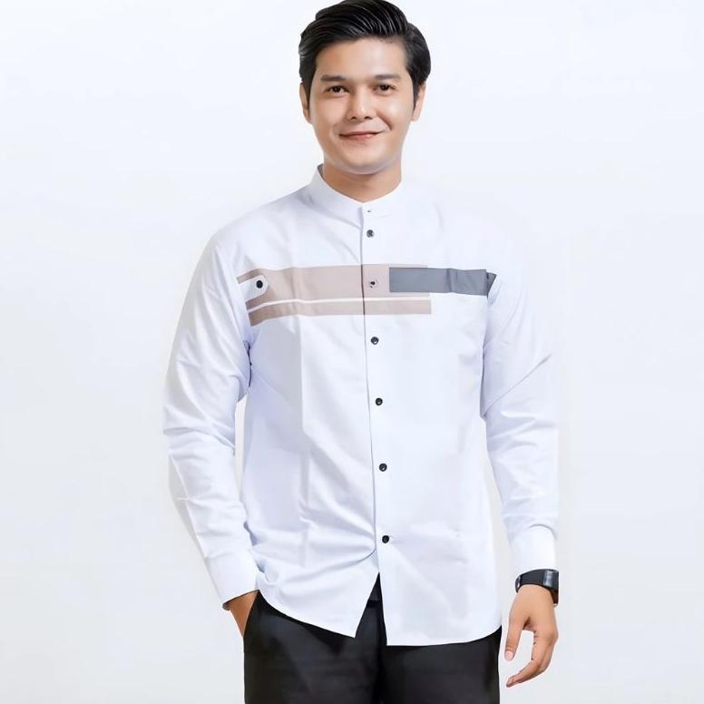 hemat baju koko pria hadroh kombinasi motif yordan lengan panjang warna putih m l xl xxl
