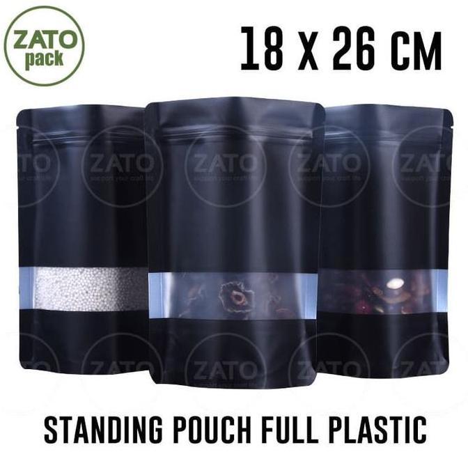 18X26 - 50 PCS BLACK STANDING POUCH FULL PLASTIC - KEMASAN PACKAGING BUNGKUS STANDING POUCH ZATOPACK