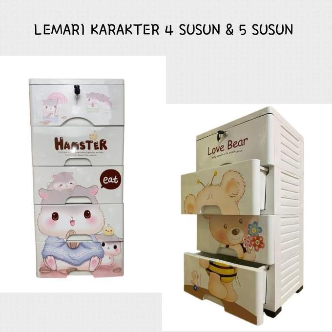 Baguss- Lemari Plastik Susun Karakter Bear 4 Dan 5 Tingkat Tempat Penyimpanan Laci Multifungsi Lemar