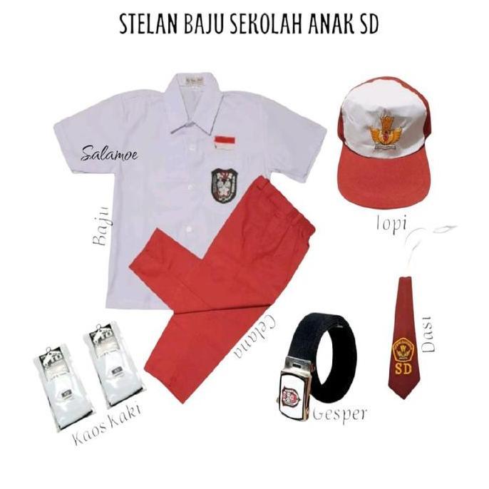 Stelan Seragam Sekolah Merah Putih Sd Anak Laki Laki Kls 1-6 Baju Putih Pendek Celana Merah Panjang/