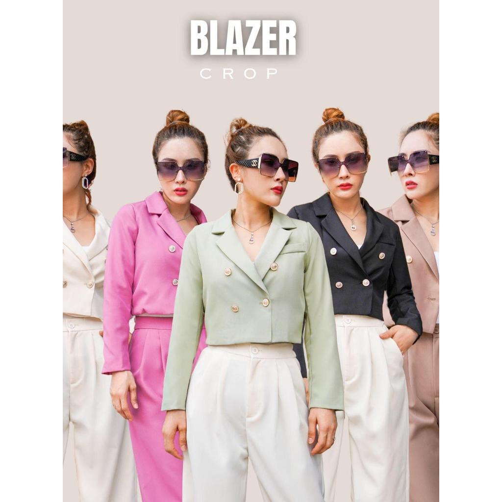 FOLADY - M314 Atasan Blazer Crop Top Wanita import V-Neck Kancing Hidup Mewah Lengan Panjang Polos S