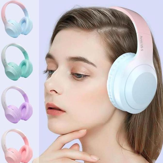 Wireless Headphone Bluetooth Gradient Color Headset Stereo HIFI Bass Pink Biru Earphones Ponsel