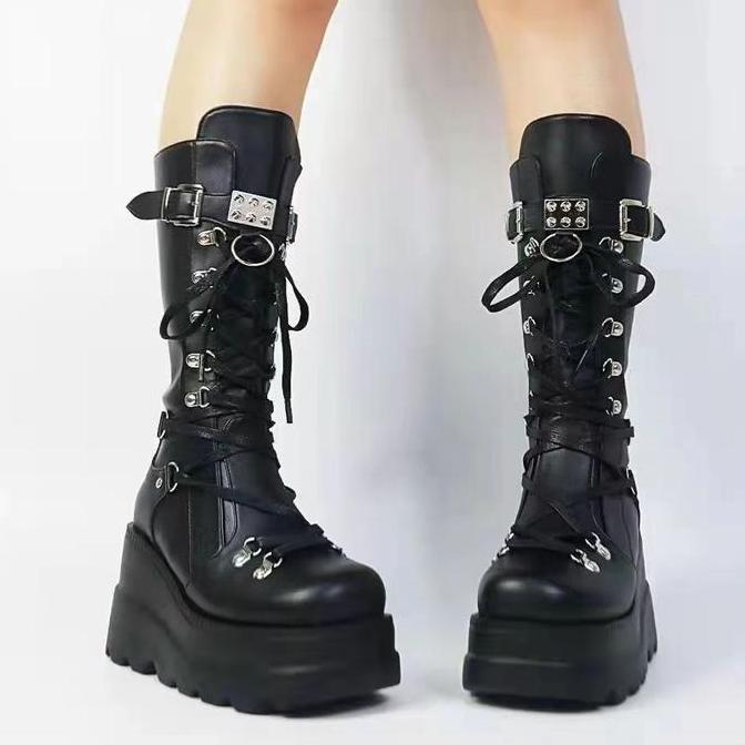 Sepatu Boots chunky Panjang Wanita Hak Tinggi Fashion shoes SFW 291 warna hitam Tapak karet