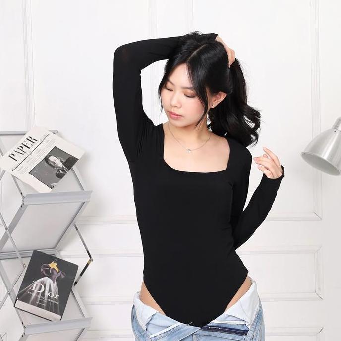 [Lolabae] MIJI XXL Bodysuit Wanita Long Sleeve Leher Kotak | Bodysuit XXL Basic Polos Lengan Panjang