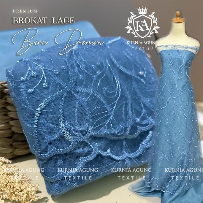 Kain Bahan Kebaya Brukat Tile Mutiara Glitter Motif Salur Daun Warna Biru Denim di jual per 50cm