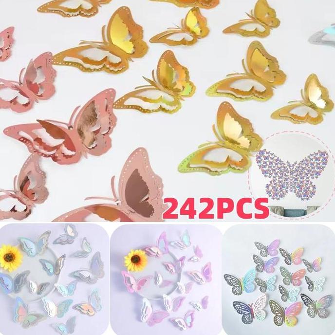 EQVON 24PCS 3D Stiker Dinding Kupu-kupu Tiga Dimensi Berongga Emas Dan Perak Berbagai Stiker Kupu-ku