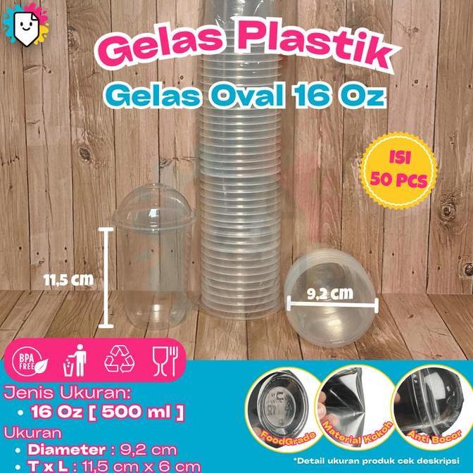 [Paket Hemat Isi 50 PCS] Gelas Plastik Oval + Tutup Gelas 14oz 16oz Gelas Plastik Cup / Gelas Plasti