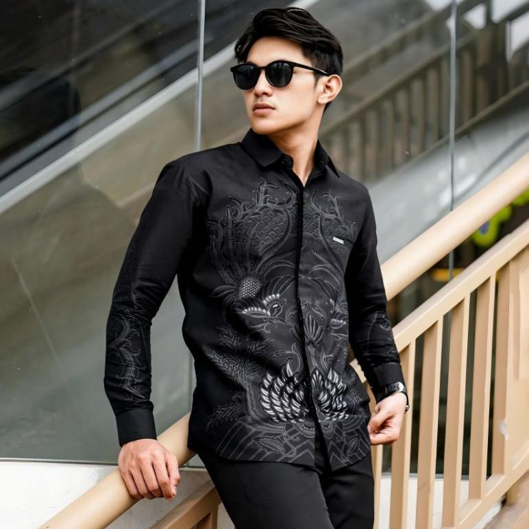 original aima batik landak hitam kemeja batik pria lengan panjang baju batik laskala size m l xl xxl