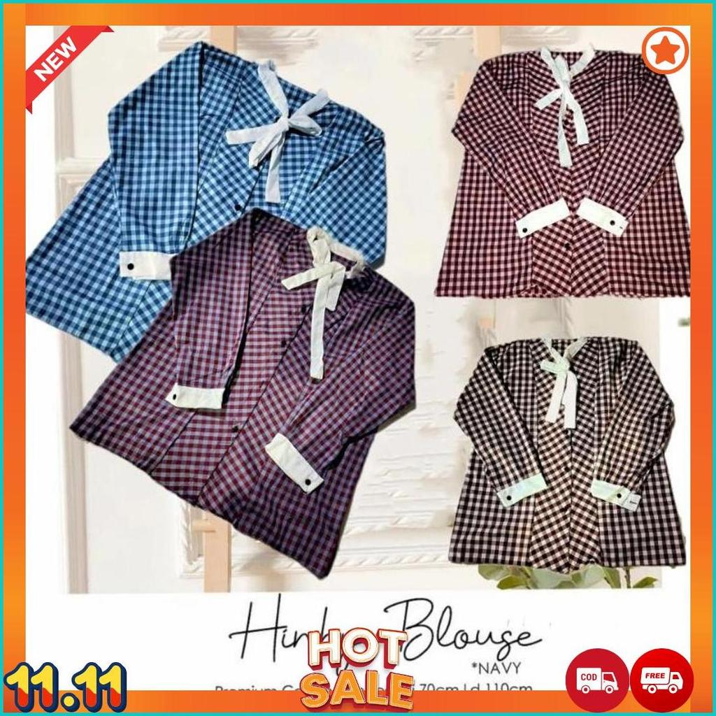 Kemeja Wanita Korea Model Pita Leher/Atasan Kemeja Motif Kotak-Kotak Ful Kancing Terbaru/Atasan Blou
