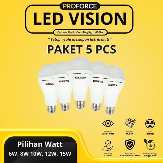 Paket 5 Pcs - Proforce Bohlam Bola Lampu Emergency Led Warna Cahaya Putih Vision Tahan Lama Tanpa Li