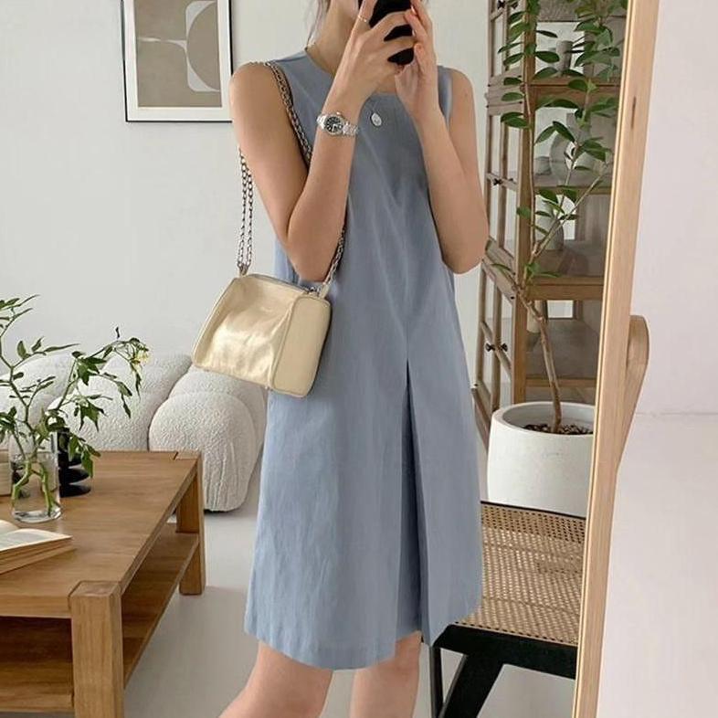 Discount Ezola Midi Maxy Dress Wanita Basic Korea Tanpa Lengan Matt Linen Premium OOTD Fashion Remaj