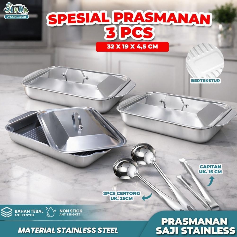 { PAKET 3PCS } Wadah Prasmanan Catering Nampan Stainless Steel Wadah Saji Lauk + Tutup